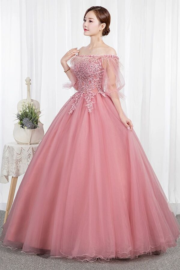 Dusty Rose Serenade — Off-Shoulder Tulle Ball Gown
