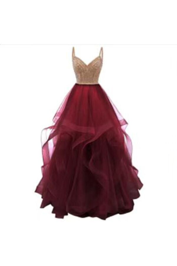 Champagne Garnet Cascade — Sparkle-Bodice Ruffle Gown