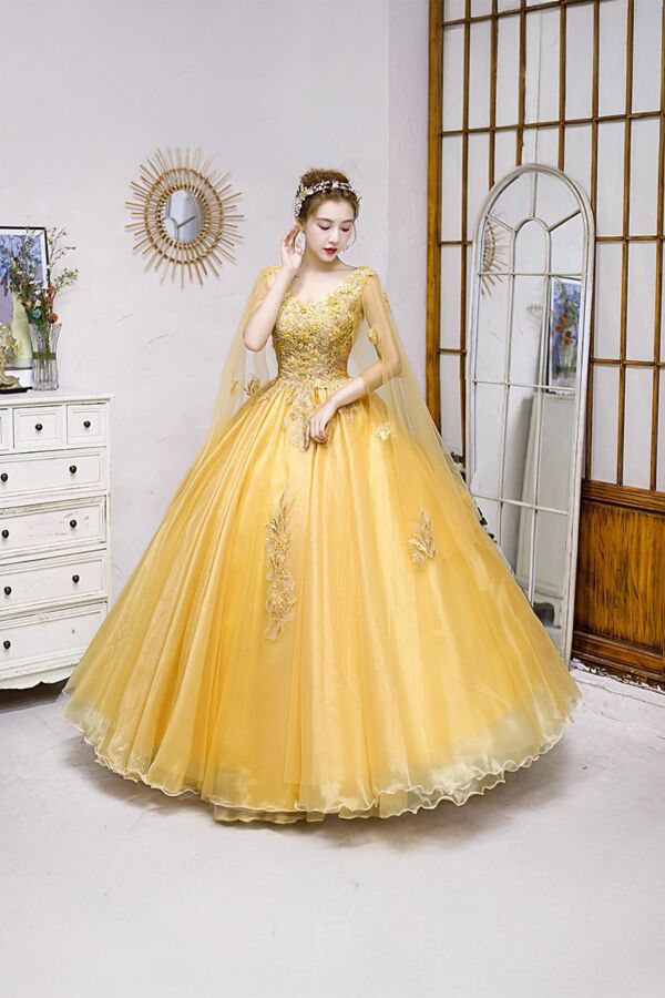 Golden Enchantress – Embroidered Tulle Ball Gown with Cape Sleeves