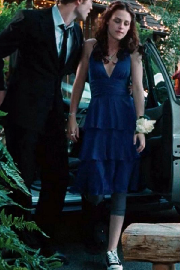 Bella Swan Blue Halter Chiffon Tiered Celebrity Prom Party Dress in Movie "Twilight"