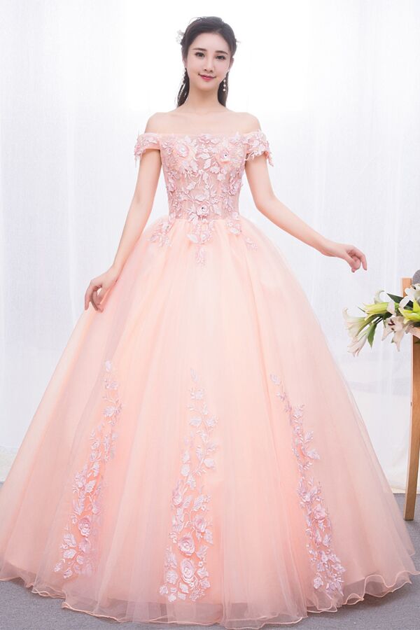 Peach Blossom Empress — Off-Shoulder Floral Ball Gown