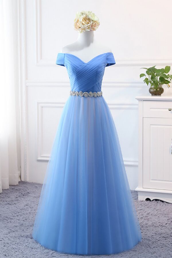 Sky-Blue Off-Shoulder Tulle A-Line Evening Gown with Pleated