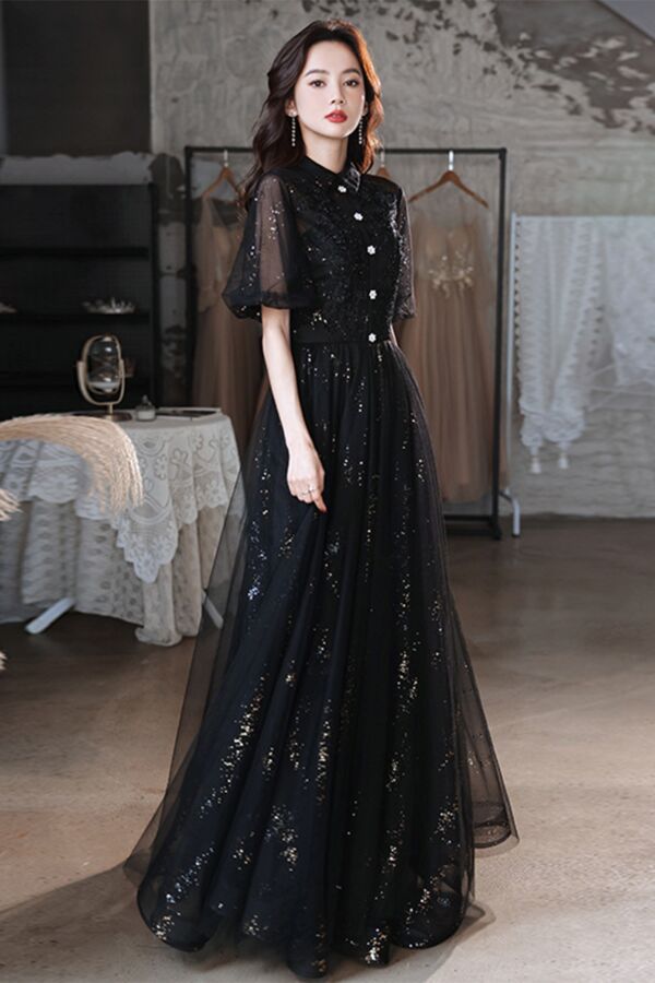 Midnight Constellation Collared Tulle Gown