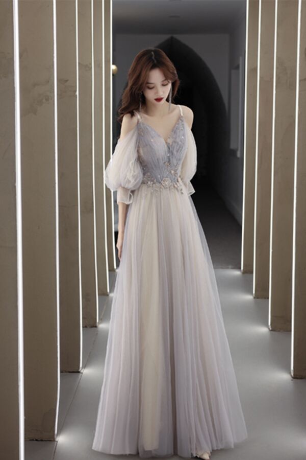 Silver Mist Off-Shoulder Puff-Sleeve Tulle Gown