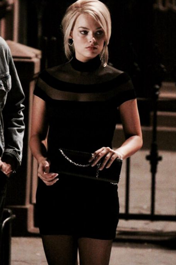 Margot Robbie Inspired Little Black Dress in The Wolf of Wall Street – Elegant Sheath Silhouette with Illusion High Neck and Knee-Length Design