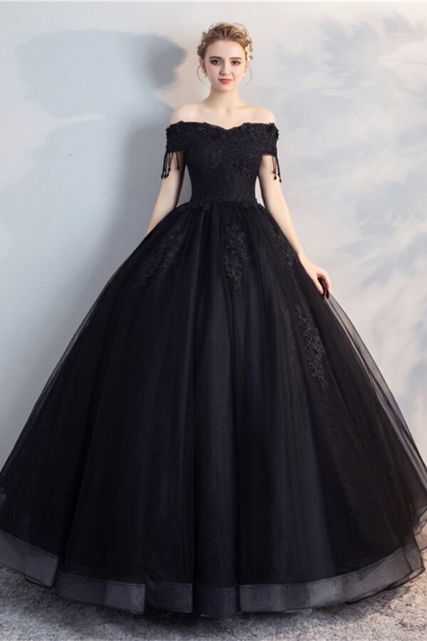 Midnight Noir Off-Shoulder Lace Ball Gown