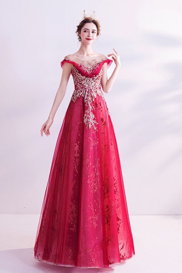 Ruby Gilded Blossom Off-Shoulder Tulle Gown