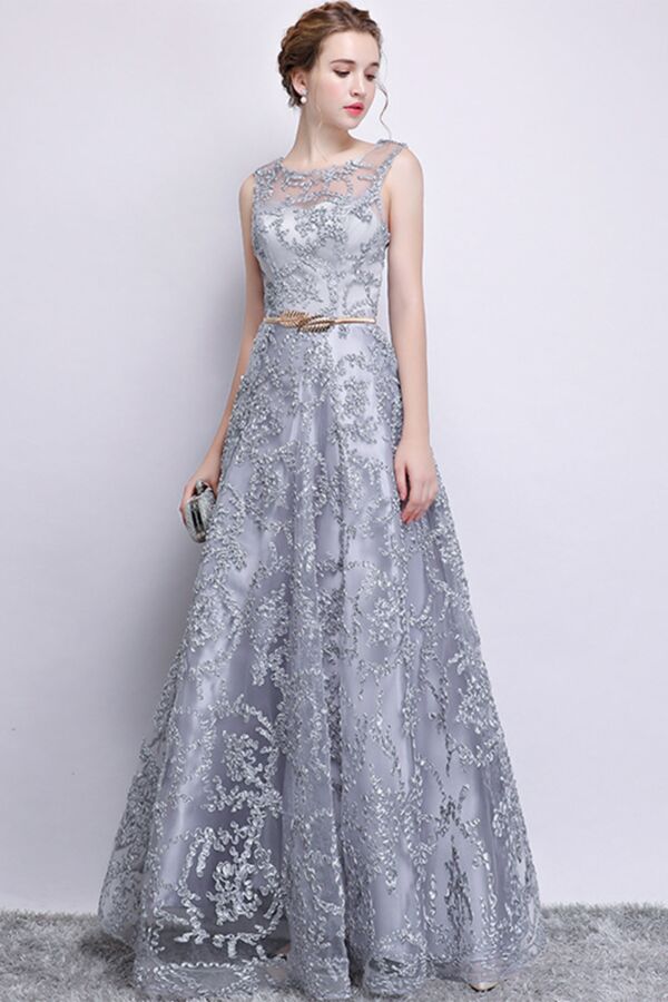 Platinum Filigree Lace Belted Evening Gown