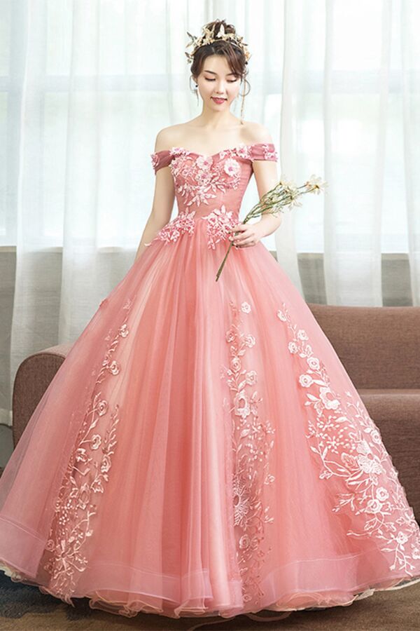 Blush Rose Garden Off-Shoulder Tulle Ball Gown