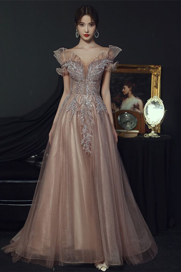 Smoky Rose Crystal Vine Illusion Tulle Gown