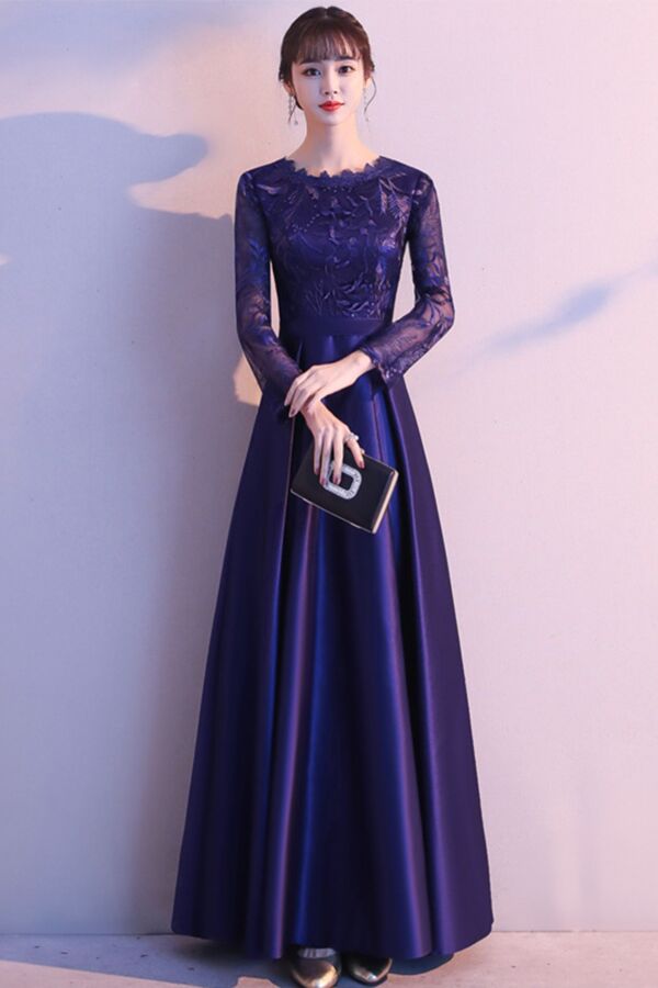 Sapphire Lace Long-Sleeve Satin Evening Gown