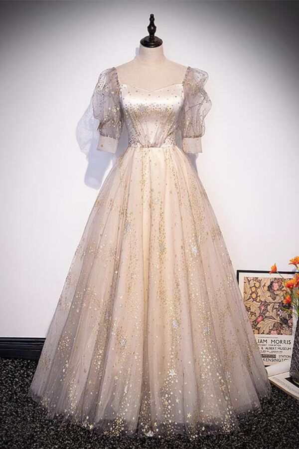 Champagne Starfall Puff-Sleeve Tulle Gown