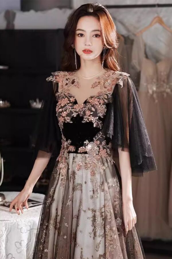 Midnight Rose Velvet Illusion Flutter-Sleeve Tulle Gown