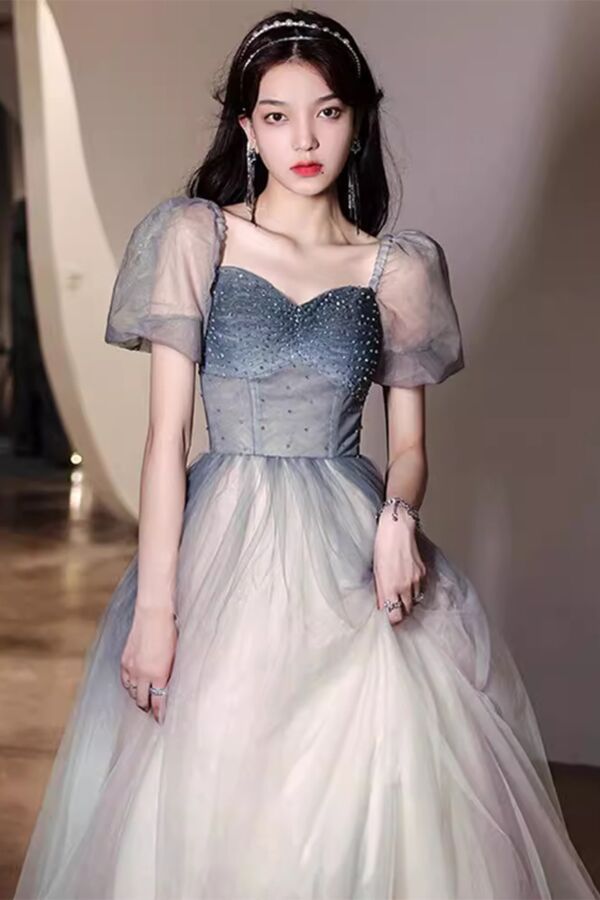 Slate Blue Ombre Tulle Ball Gown — Puff Sleeves, Beaded Sweetheart Bodice
