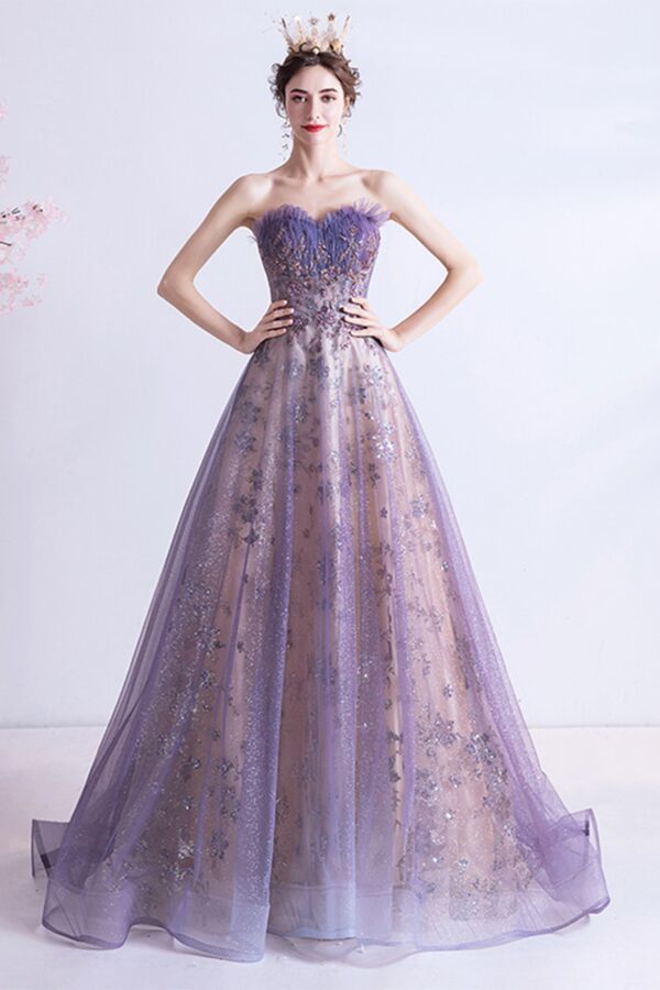 Lavender Strapless Feathered-Sweetheart Glitter Tulle Ball Gown