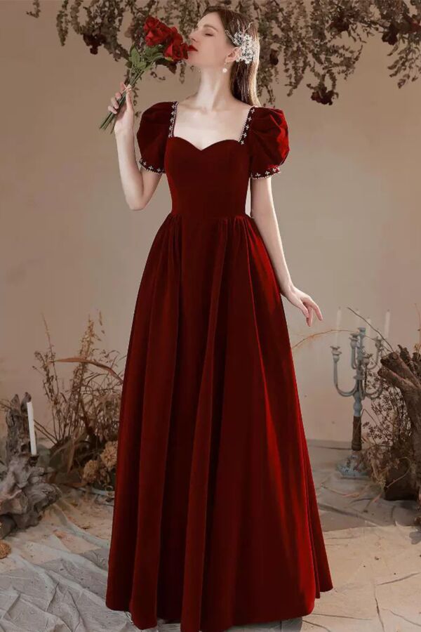 Burgundy Velvet Puff-Sleeve Sweetheart Evening Gown