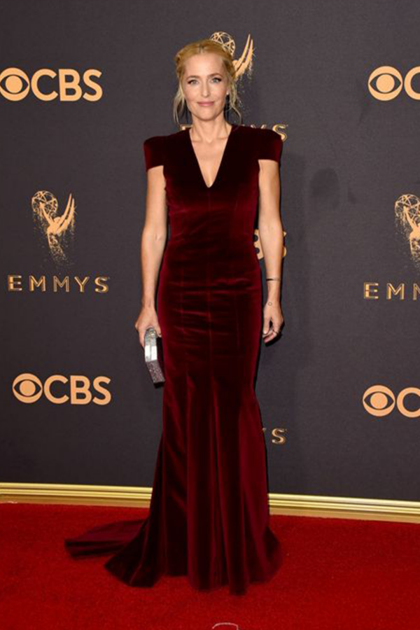 Gillian Anderson Burgundy Velvet Mermaid Dress Emmys 2017
