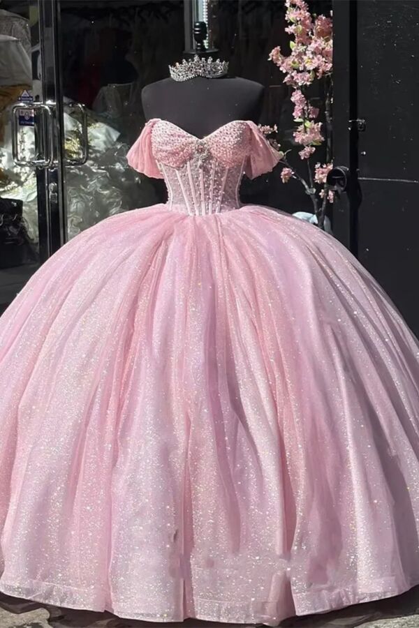 Blush Pink Off-Shoulder Corset Glitter Tulle Ball Gown