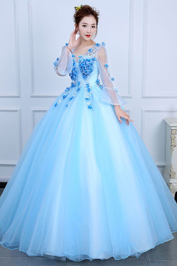 Light Blue V-Neck 3D Floral Tulle Ball Gown with Sheer Bell Sleeves