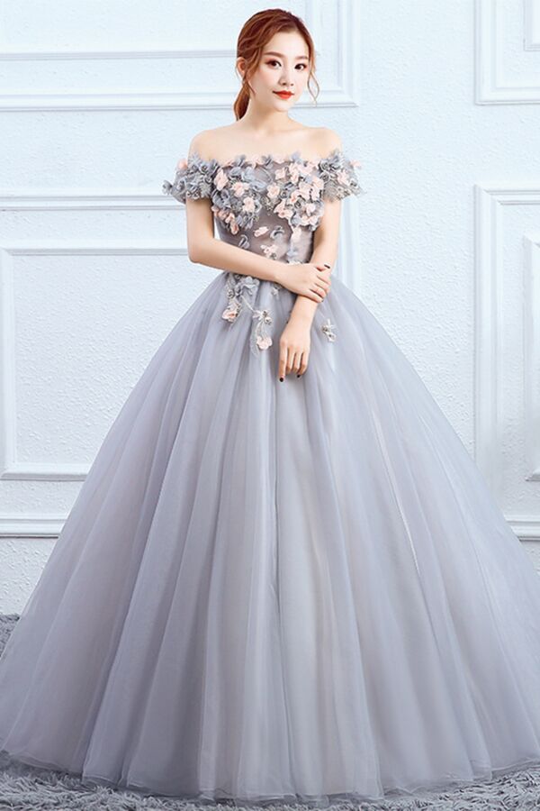 Off-Shoulder 3D Floral Tulle Ball Gown