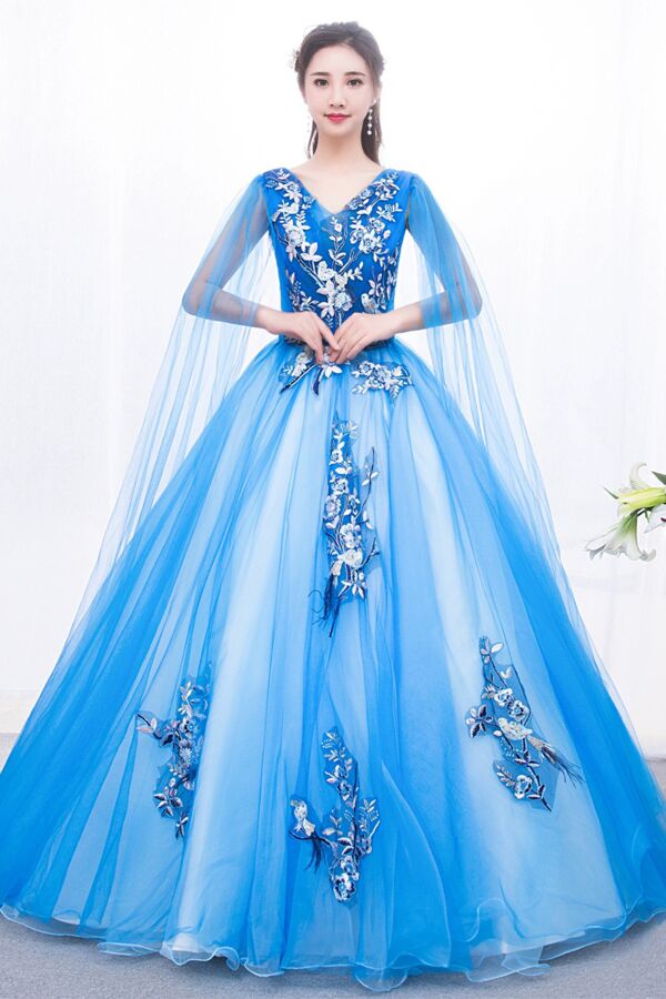 Royal V-Neck Floral Appliqué Tulle Ball Gown with Sheer Cape Sleeves