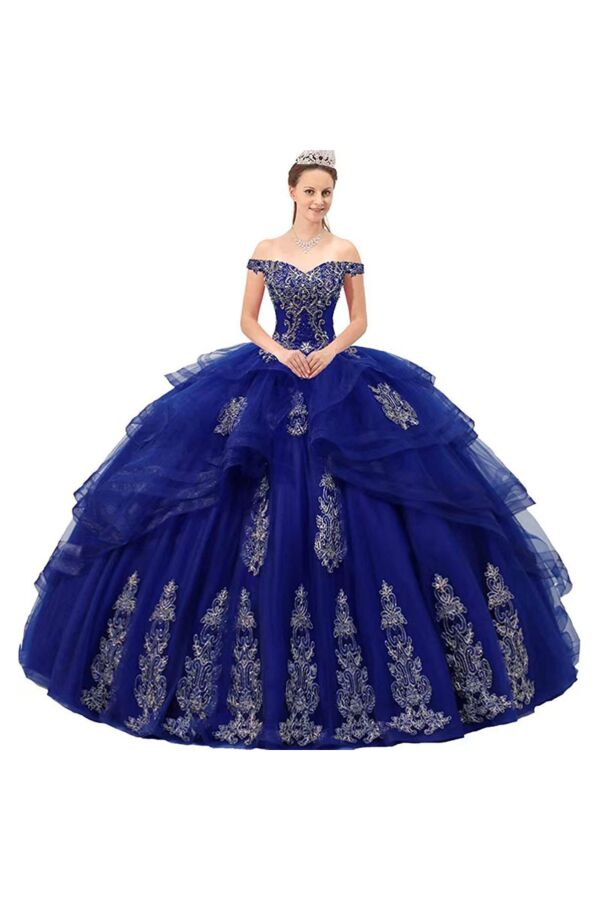 Royal Off-Shoulder Ball Gown with Silver Embroidery