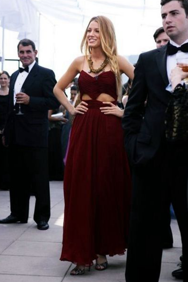 Blake Lively Burgundy Sweetheart Cut Out A Line Floor Length Dress Gossip Girl
