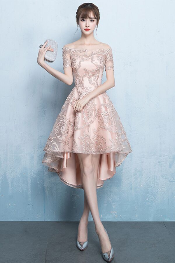 Off-Shoulder High-Low Lace Appliqué Cocktail Dress