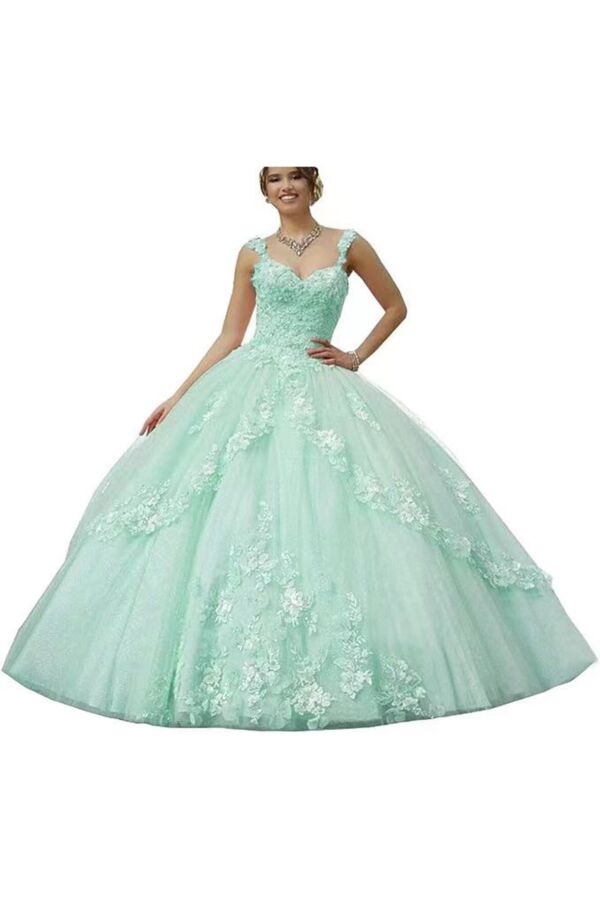 Mint Green Floral Lace Quinceañera Ball Gown