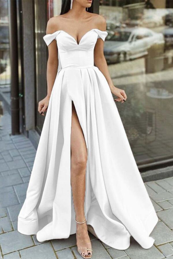  Off-the-Shoulder Sweetheart High-Slit Satin A-Line Evening
