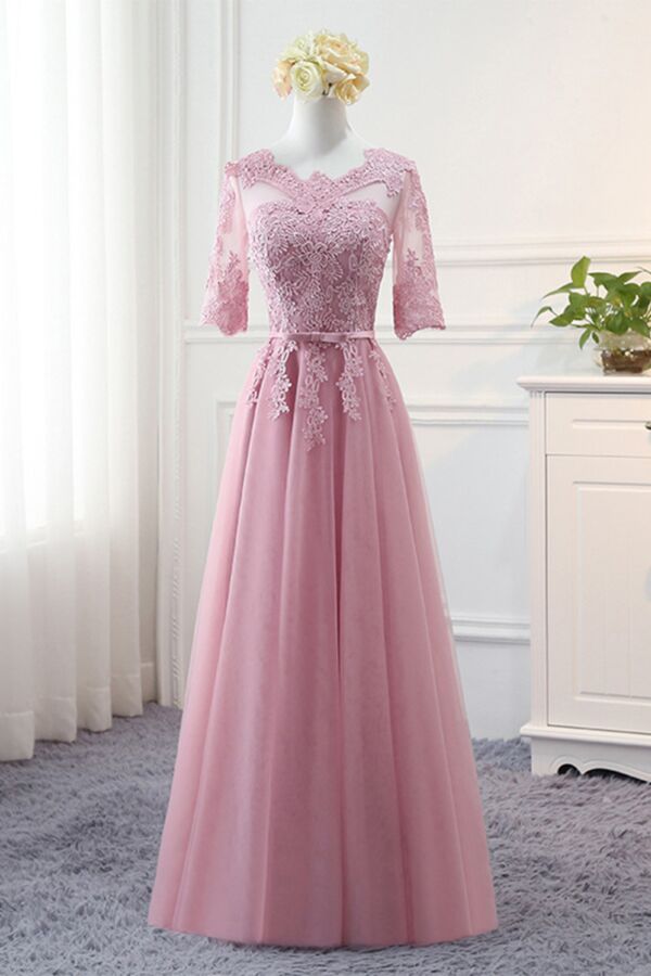 Illusion Neckline, Half Sleeves & Belted Floor-Length Tulle Dress