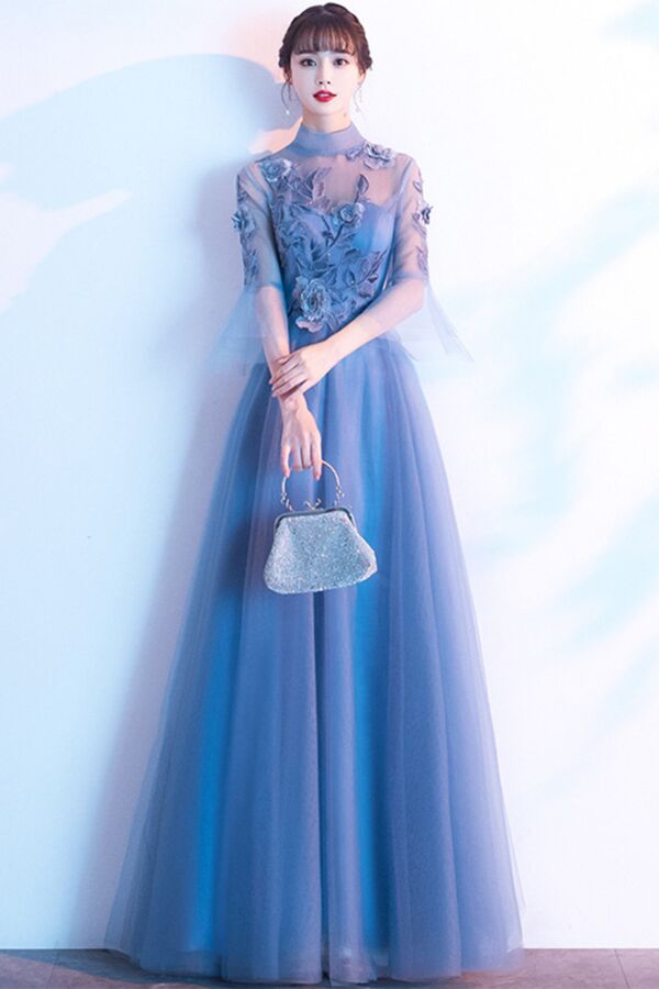 Dusty Blue High-Neck 3D Floral Appliqué Tulle A-Line Evening Gown