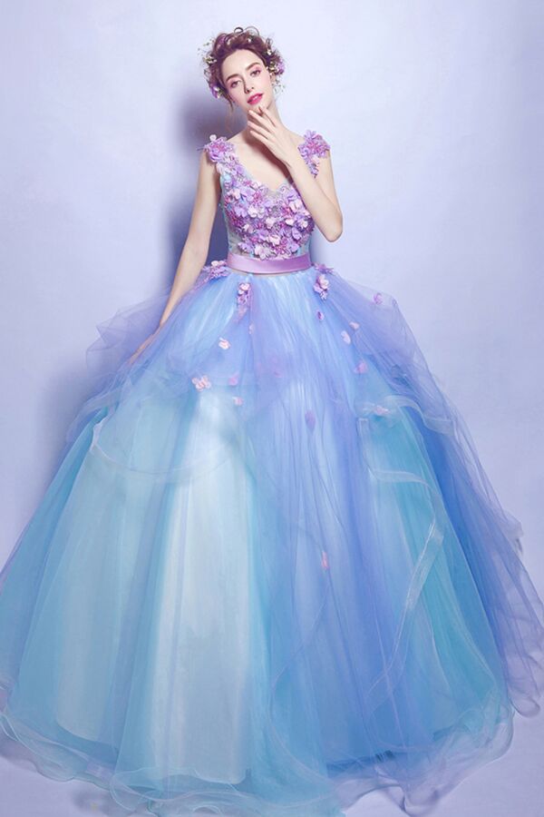 Aqua Ombre Tulle Ball Gown – V-Neck 3D Floral Appliqué Bodice with Sash,