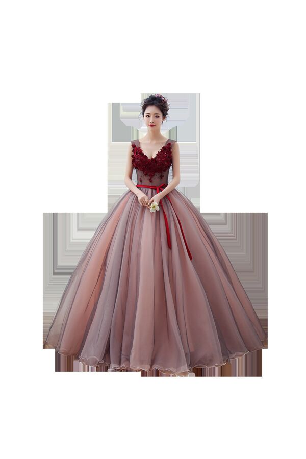 Deep V-Neck Red 3D Floral Appliqué Bodice with Ribbon Waist