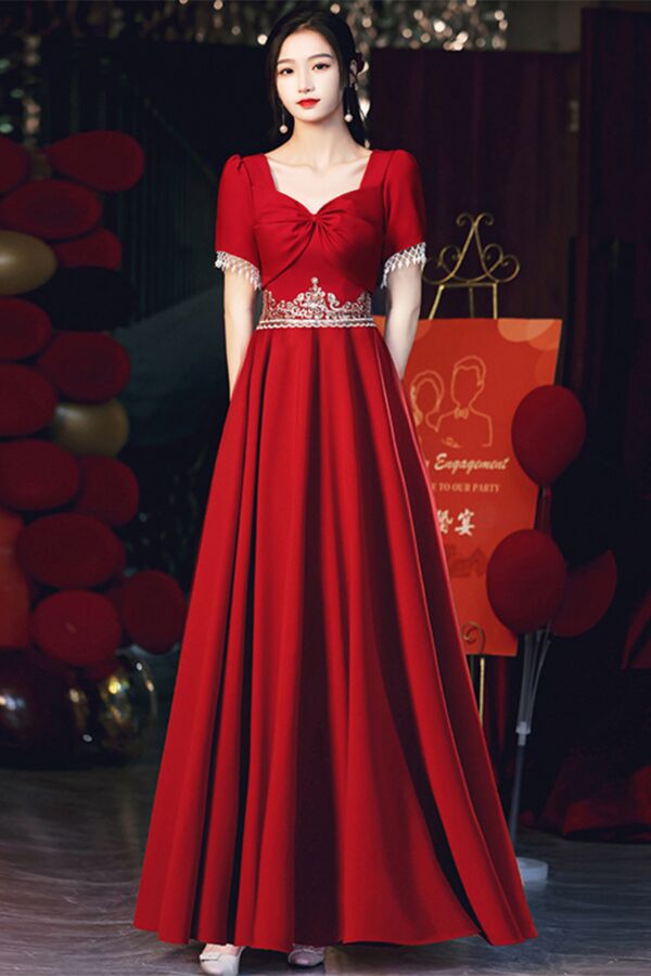 Sweetheart Twist Bodice, Beaded Waist & Sleeve Trim, Floor-Length Formal Dress