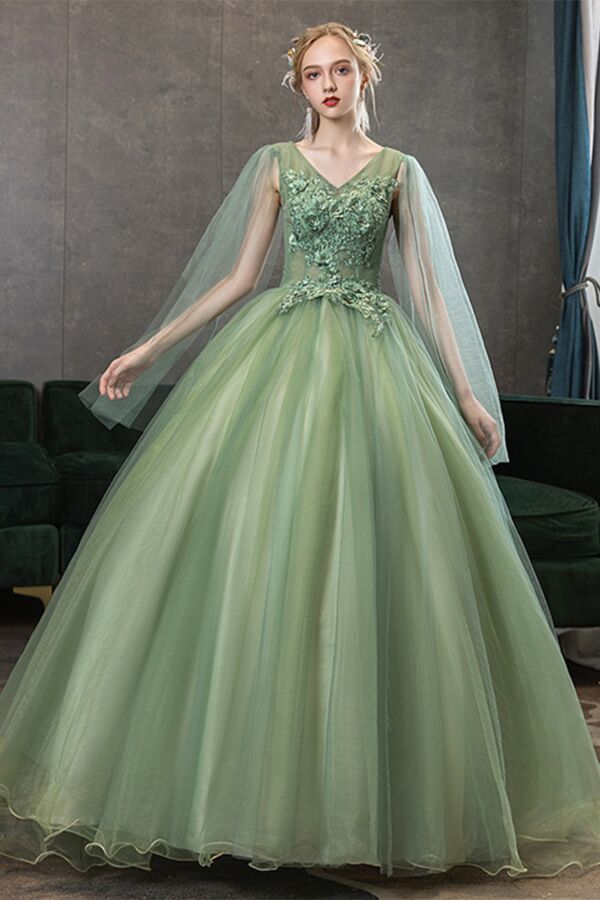 V-Neck Floral Appliqué Bodice, Sheer Cape Sleeves & Layered Tulle Skirt