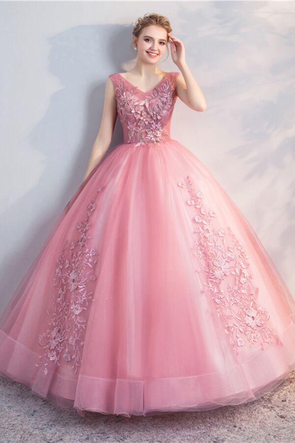 V-Neck Floral Appliqué Bodice & Layered Tulle Skirt