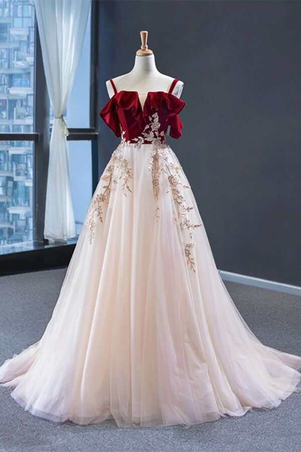 off-shoulder bodice with double straps and a soft V-notch