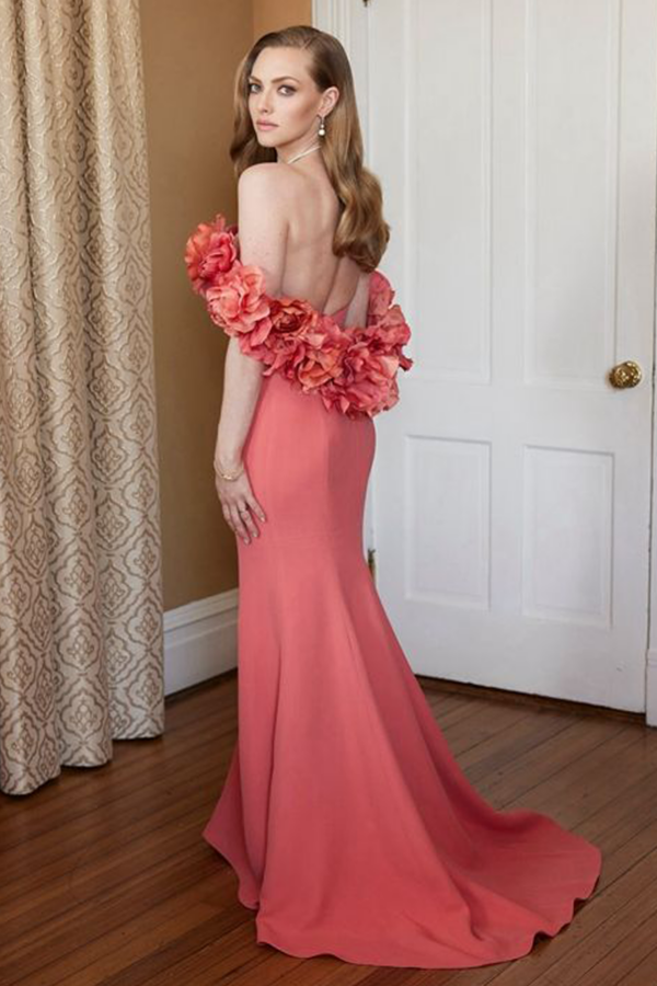 Amanda Seyfried Inspired Peach Floral Off-the-shoulder Dress Golden Globes 2021