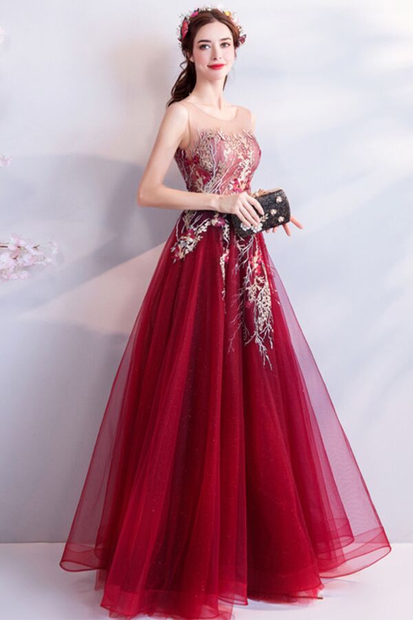 Sheer Mesh Bodice with Beaded Branch Appliqués, Flowing Skirt