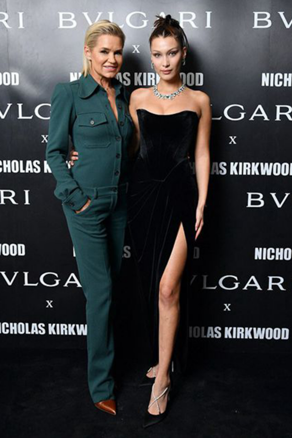 Velvet Noir – Bella Hadid Black Velvet Strapless Gown with Thigh-High Slit