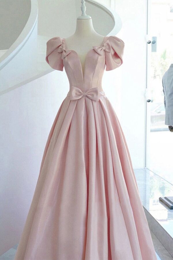 Deep-V Corset Bodice, Puff Sleeves & Bows, Formal Dress