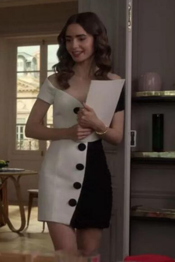 Lily Collins Short Black and White Off-the-shoulder Dress Emily in Paris
