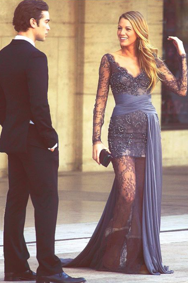Blake Lively Gray Lace Long-sleeve Dress in TV Show "Gossip Girl" Fashion