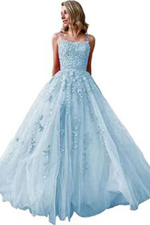 Spaghetti-Strap Bodice, Embroidered Tulle, Floor Length Dress
