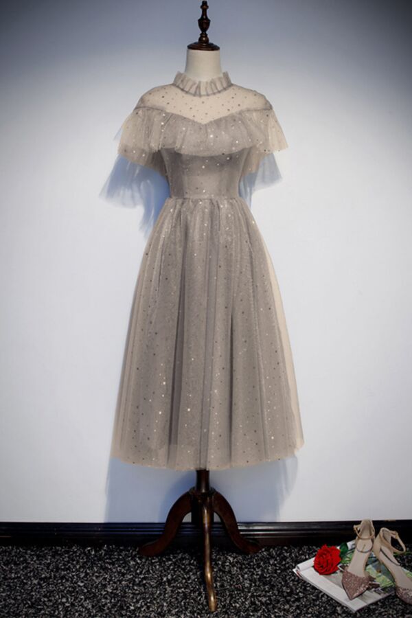 Smoky Sparkle Midi Gown with Sheer High Collar