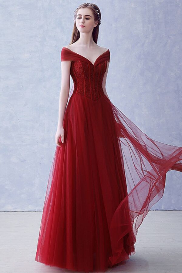 Crimson Off-Shoulder Corset Tulle Evening Gown