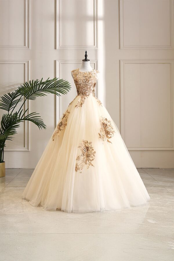 Golden Bloom – Embroidered Champagne Ball Gown