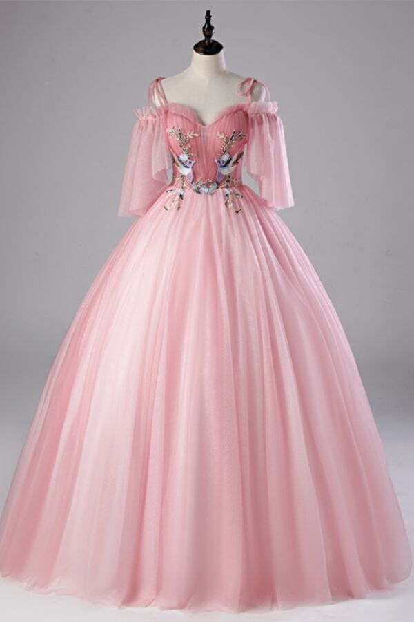 Pink Aurora Flutter-Sleeve Ball Gown