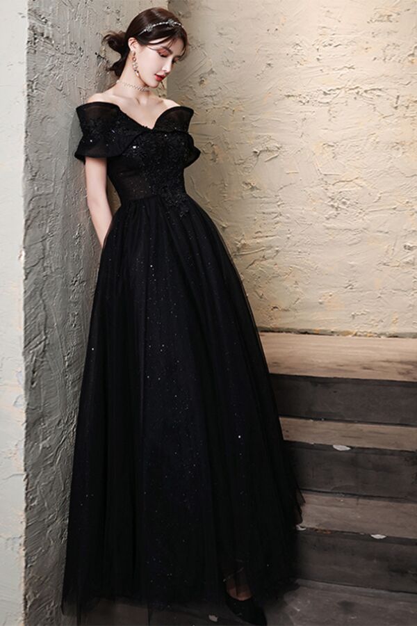 Starlit Noir Off-Shoulder Evening Dress